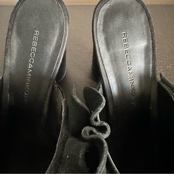 Rebecca Minkoff Jaxon Mules Black Suede Ruffled Heels Sandals - Picture 6 of 9